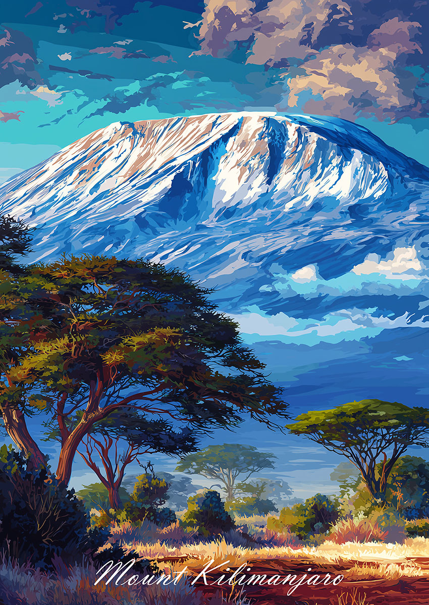 Vibrant artwork of Mount Kilimanjaro surrounded by dramatic skies and green landscapes.